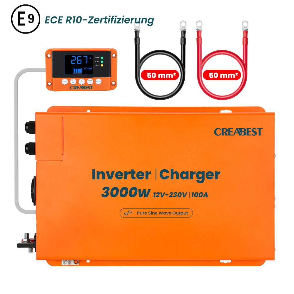 CREABEST 3000W Wechselrichter 12V auf 230V Reiner Sinus für Wohnmobil, Off Grid mit FI-Schalter, Ladegerät 100A, NVS, USV, R10, Wechselrichterkabel 50 mm²